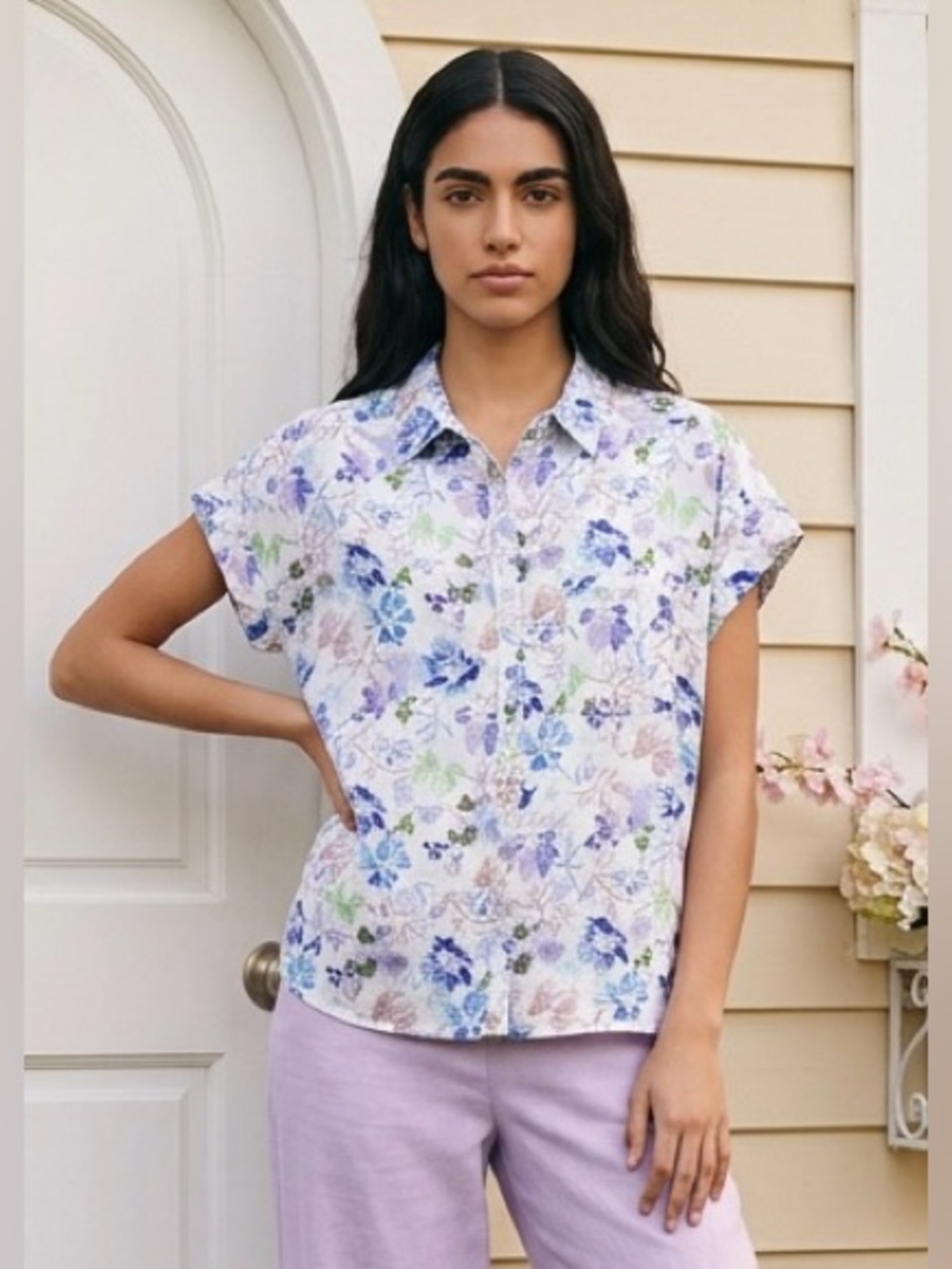 2 for $20 Top Ladies Velvet Heart Button Front Shirt Floral Blue Purple SZ M GUC